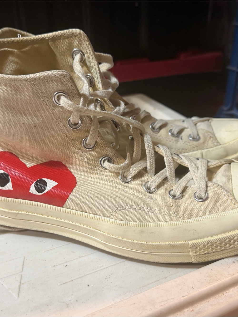 Comme des Garcons PLAY Cream Canvas High-Top Sneakers with Red Heart